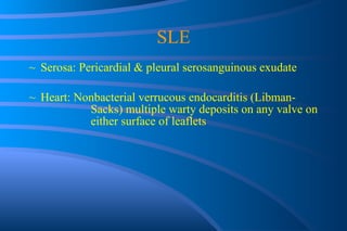 SLE Serosa: Pericardial & pleural serosanguinous exudate Heart: Nonbacterial verrucous endocarditis (Libman- Sacks) multiple warty deposits on any valve on  either surface of leaflets 