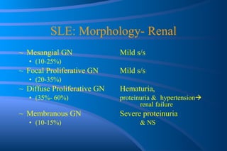 SLE: Morphology- Renal Mesangial GN  Mild s/s (10-25%)  Focal Proliferative GN  Mild s/s (20-35%)  Diffuse Proliferative GN  Hematuria, (35%- 60%)  proteinuria &  hypertension    renal failure Membranous GN  Severe proteinuria (10-15%)  & NS 
