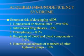 ACQUIRED IMMUNODEFICIENCY SYNDROME ◘  Groups at risk of developing AIDS 1. Homosexual or bisexual men – over 50% 2. Intravenous drug abusers – 20%  3. Hemophiliacs – 0.5% 4. Recipients of blood and blood components –  1.0% 5. Heterosexual contacts of members of other  high-risk groups – 10% 