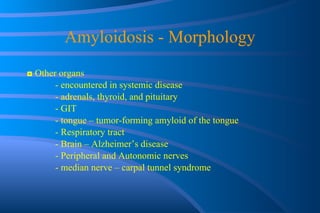 Amyloidosis - Morphology ◘  Other organs - encountered in systemic disease - adrenals, thyroid, and pituitary - GIT - tongue – tumor-forming amyloid of the tongue - Respiratory tract - Brain – Alzheimer’s disease - Peripheral and Autonomic nerves - median nerve – carpal tunnel syndrome 