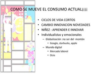Ejemplo de nuevos grupos específicos:Solteros jóvenesNuevo MundoPocas obligacionesVarias actividadesGastan poco en algunas categorías para invertir en otrasSeguidores de marcasCasados Sin HijosReforzar identidadImagen profesionalInfluyen en las decisiones de parejaCalculadora en mano