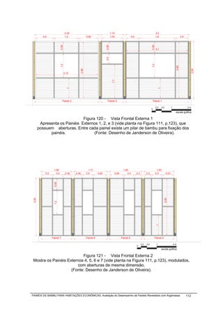 3,25                                       1,15                                                3,2
           0,9                     1,2               0,95                     1,05                 0,6                            1,8                               0,6




                            0,55




                                                                       0,55




                                                                                                                           0,55
                                                                                                                                  3,1




                                                                       0,5
                            1,2




                                                                                                                           1,2




                                                                                                                                                             2,85
                                              2,85




                                                                                                                                                                            2,95
                                   3,15




                                                                               1,7
                                     1




                                                                                                                                       1
                              Painel 3                                   Painel 2                                              Painel 1

                                                                                                                                  0,2      0,5          1                  2m
                                                                                                                           0
                                                                                                                                                             escala gráfica

                               Figura 120 - Vista Frontal Externa 1
         Apresenta os Painéis Externos 1, 2, e 3 (vide planta na Figura 111, p.123), que
        possuem aberturas. Entre cada painel existe um pilar de bambu para fixação dos
              painéis.               (Fonte: Desenho de Janderson de Oliveira).




                    1,56                               1,71                              1,65                                      1,53
             0,5      0,5           0,36   0,36      0,5        0,65             0,65        0,5         0,3         0,3          0,5            0,53
                    0,55
 2,95




                                                                                                                                             2,85
                    1,2




                                                                                                                                  1




                   Painel 7                          Painel 6                           Painel 5                                Painel 4

                                                                                                               0,2   0,5           1                        2m
                                                                                                         0
                                                                                                                                           escala gráfica

                           Figura 121 - Vista Frontal Externa 2
 Mostra os Painéis Externos 4, 5, 6 e 7 (vide planta na Figura 111, p.123), modulados,
                        com aberturas de mesma dimensão.
                     (Fonte: Desenho de Janderson de Oliveira).




PAINÉIS DE BAMBU PARA HABITAÇÕES ECONÔMICAS: Avaliação do Desempenho de Painéis Revestidos com Argamassa                                                                  112
 
