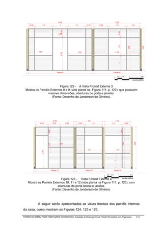 4,45                                                                3,25
      0,38           1,2                      1              1,2           0,37         0,95                       1,2                            0,9




                                               0,55




                                                                                                                     0,55
                                            4,35




                                                                                                                     1,2




                                                                                                                                         2,85




                                                                                                                                                               2,95
              1,63                                                 1,62                                         3,15




                                               2,25




                                                                                                                     1
                                           Painel 9                                                            Painel 8

                                                                                                                    0,2       0,5            1                 2m
                                                                                                               0
                                                                                                                                                  escala gráfica


                           Figura 122 - A Vista Frontal Externa 3
  Mostra os Painéis Externos 8 e 9 (vide planta na Figura 111, p. 123), que possuem
                  maiores dimensões, aberturas de porta e janelas.
                     (Fonte: Desenho de Janderson de Oliveira).




                                    2,75                                    1,9                                    1,9
                0,84               0,79               0,92         0,55           1,2                    1,2                          0,55
                           0,55




                                                                                                                            0,55
                                                                                                                               2,85




                                                                                                                                                      2,95



                                              1,76
                           1,2




                                                                            1,8                                    1,8
                 2,25




                                                                                                               1




                                  Painel 12                               Painel 11                            Painel 10

                                                                                                   0,2   0,5         1                           2m
                                                                                               0

                            Figura 123 - Vista Frontal Externa 4                                                              escala gráfica

    Mostra os Painéis Externos 10, 11 e 12 (vide planta na Figura 111, p. 123), com
                         aberturas de porta lateral e janelas.
                     (Fonte: Desenho de Janderson de Oliveira).



              A seguir serão apresentadas as vistas frontais dos painéis internos
da casa, como mostram as Figuras 124, 125 e 126.

PAINÉIS DE BAMBU PARA HABITAÇÕES ECONÔMICAS: Avaliação do Desempenho de Painéis Revestidos com Argamassa                                                 113
 