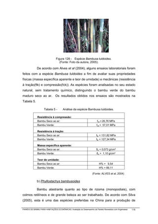 Figura 128 - Espécie Bambusa tuldoides.
                                    (Fonte: Foto da autora, 2005).

              De acordo com Alves et al (2004), alguns ensaios laboratoriais foram
feitos com a espécie Bambusa tuldoides a fim de avaliar suas propriedades
físicas (massa específica aparente e teor de umidade) e mecânicas (resistência
à tração(ftk) e compressão(fck)). As espécies foram analisadas no seu estado
natural, sem tratamento químico, distinguindo o bambu verde do bambu
maduro seco ao ar.              Os resultados obtidos nos ensaios são mostrados na
Tabela 5.

                     Tabela 5 -        Análise da espécie Bambusa tuldoides.

              Resistência à compressão:
              Bambu Seco ao ar:                                           fck = 26,76 MPa
              Bambu Verde:                                               fck = 57,01 MPa

              Resistência à tração:
              Bambu Seco ao ar:                                          ftk = 131,82 MPa
              Bambu Verde:                                               ftk = 127,34 MPa

              Massa específica aparente:
              Bambu Seco ao ar:                                          δs = 0,073 g/cm³
              Bambu Verde:                                               δu = 1,10 g/cm³

              Teor de umidade:
              Bambu Seco ao ar:                                            H% = 9,54
              Bambu Verde:                                                 H% = 89,11

                                                                     (Fonte: ALVES et al, 2004)

              b) Phyllostachys bambusoides

              Bambu alastrante quanto ao tipo de rizoma (monopodiais), com
colmos retilíneos e de grande beleza ao ser trabalhado. De acordo com Silva
(2005), esta é uma das espécies preferidas na China para a produção de

PAINÉIS DE BAMBU PARA HABITAÇÕES ECONÔMICAS: Avaliação do Desempenho de Painéis Revestidos com Argamassa   118
 