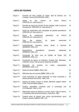 LISTA DE FIGURAS

   Figura 1 -         Fachada em ferro fundido do Teatro José de Alencar, em                                          12
                      Fortaleza, Ceará (VON KRUGER, 2000).

   Figura 2 -         Painel  do     tipo   “cortina”,                     da        marca           Precon           19
                      (PRECON, em: www.precon.r).

   Figura 3 -         Exemplo de painel de concreto do tipo vedação, onde a estrutura                                 19
                      fica aparente (PRECON, em: www.precon.r).

   Figura 4 -         Painel de acabamento com modulação de padrões geométricos                                       20
                      (PRECON, em: www.precon.r).

   Figura 5 -         Painel  de     acabamento                     geométrico,              da      Precon           20
                      (PRECON, em: www.precon.r).

   Figura 6 -         Vista   das     paredes                      de          gesso              acartonado          21
                      (PRECON, em: www.precon.r).

   Figura 7 -         Industrialização excessiva                 causa         danos         à      natureza          23
                      (BARBOSA, 2005, p.4).

   Figura 8 -         Desequilíbrios    atmosféricos                     causando                 catástrofes         24
                      (BARBOSA, 2005, p.6).

   Figura 9 -         Construção de terra               crua      na     Cidade         de    Goiás,       GO         25
                      (BARBOSA, 2005, p.2).

   Figura 10 -        Construção de bambu na Colômbia. Pavilhão Zeri, Manizales,                                      25
                      Colômbia. (Fonte: Foto da autora, dezembro de 2005).

   Figura 11 -        Deposição   de      entulhos                 em          locais        inapropriados            25
                      (BARBOSA, 2005, p. 8).

   Figura 12 -        Partes do bambu (NMBA, 2004, p.24).                                                             26

   Figura 13 -        Diferentes tipos de rizomas (NMBA, 2004, p. 22).                                                27

   Figura 14 -        Corte transversal do colmo mostrando os feixes vasculares e                                     28
                      células parênquimas (LIESE, 1998, p.42).

   Figura 15 -        Espécie de bambu comum no Brasil, Bambusa vulgaris vittata.                                     29
                      Fonte: Foto de Roberto Magno.

   Figura 16 -        Guadua angustifólia, excelente                    para     a      construção       civil        30
                      ( IL31 Bamboo, 1992, p.132).

   Figura 17 -        Distribuição natural do Bambu no mundo. Fonte: Foto da Autora,                                  31
                      V Congresso Internacional de Bambu, Costa Rica, 1998.

   Figura 18 -        Vasilhas feitas de Bambu pela cultura pré-colombiana Jama                                       33
                      Coaque. Equador (UBIDIA, 2001, p.4).



PAINÉIS DE BAMBU PARA HABITAÇÕES ECONÔMICAS: Avaliação do Desempenho de Painéis Revestidos com Argamassa         xv
 