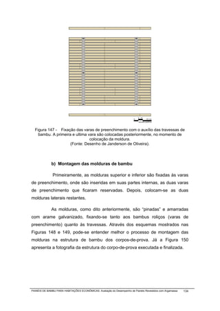 5 10
                                                                        0            20 cm
                                                                            e scala gráfica



  Figura 147 - Fixação das varas de preenchimento com o auxílio das travessas de
    bambu. A primeira e ultima vara são colocadas posteriormente, no momento de
                                colocação da moldura.
                     (Fonte: Desenho de Janderson de Oliveira).



              b) Montagem das molduras de bambu

               Primeiramente, as molduras superior e inferior são fixadas às varas
de preenchimento, onde são inseridas em suas partes internas, as duas varas
de preenchimento que ficaram reservadas. Depois, colocam-se as duas
molduras laterais restantes.

              As molduras, como dito anteriormente, são “pinadas” e amarradas
com arame galvanizado, fixando-se tanto aos bambus roliços (varas de
preenchimento) quanto às travessas. Através dos esquemas mostrados nas
Figuras 148 e 149, pode-se entender melhor o processo de montagem das
molduras na estrutura de bambu dos corpos-de-prova. Já a Figura 150
apresenta a fotografia da estrutura do corpo-de-prova executada e finalizada.




PAINÉIS DE BAMBU PARA HABITAÇÕES ECONÔMICAS: Avaliação do Desempenho de Painéis Revestidos com Argamassa   134
 