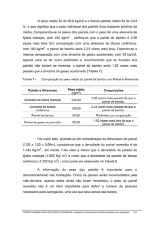 O peso médio foi de 80,6 kg/m2 e o desvio padrão médio foi de 2,64
%, o que significa que o peso individual dos painéis ficou bastante próximo da
média. Comparando-se os pesos dos painéis com o peso de uma alvenaria de
tijolos maciços, com 240 kg/m2 , verifica-se que o painel de bambu é 2,98
vezes mais leve. Em comparação com uma alvenaria de blocos cerâmicos,
com 180 kg/m2, o painel de bambu seria 2,23 vezes mais leve. Fazendo-se a
mesma comparação com uma divisória de gesso acartonado, com 42 kg/m2,
apenas para se ter outro parâmetro e reconhecendo que as funções dos
painéis não seriam as mesmas, o painel de bambu seria 1,92 vezes mais
pesado que a divisória de gesso acartonado (Tabela 7).

Tabela 7 -        Comparação do peso médio do painel de bambu com Painel e Alvenarias.


     Painéis e Alvenarias                   Peso médio                           Comparações
                                              (kg/m2)
                                                                   2,98 vezes mais pesada do que o
 Alvenaria de tijolos maciços                  240,00
                                                                           painel de bambu.
      Alvenaria de blocos                                          2,23 vezes mais pesada do que o
                                               150,00
          cerâmicos                                                        painel de bambu.
        Painel de bambu                         80,60                  Parâmetro da comparação
                                                                     1,92 vezes mais leve do que o
 Painel de gesso acartonado                     42,00
                                                                           painel de bambu.




              Por outro lado, levando-se em consideração as dimensões do painel
(1,00 x 1,00 x 0,06m), constata-se que a densidade do painel revestido é de
1.343 Kg/m3 , em média. Este valor é menor que a densidade da parede de
tijolos maciços (1.600 Kg/ m3) e maior que a densidade da parede de blocos
cerâmicos (1.200 Kg/ m3) , como pode ser observado na Tabela 8.

              A    informação         do     peso      dos     painéis       é    importante        para    o
dimensionamento das fundações. Como os painéis serão movimentados pela
mão-de-obra, quando estes ainda não foram revestidos, o peso do painel
revestido não é um fator importante para definir o número de pessoas
necessário para carregá-los, uma vez que seus pesos são baixos.




PAINÉIS DE BAMBU PARA HABITAÇÕES ECONÔMICAS: Avaliação do Desempenho de Painéis Revestidos com Argamassa   151
 