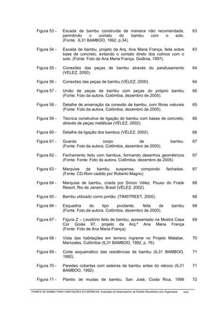 Figura 53 -        Escada de bambu construída de maneira não recomendada,                                       63
                      permitindo    o  contato   do     bambu com   o   solo.
                      (Fonte: IL31 BAMBOO, 1992, p.34).

   Figura 54 -        Escada de bambu, projeto da Arq. Ana Maria França, feita sobre                               63
                      base de concreto, evitando o contato direto dos colmos com o
                      solo. (Fonte: Foto de Ana Maria França, Goiânia, 1997).

   Figura 55 -        Conexões das peças de bambu através do parafusamento                                         64
                      (VELEZ, 2000).

   Figura 56 -        Conexões das peças de bambu (VÉLEZ, 2000).                                                   64

   Figura 57 -        União de peças de bambu com peças do próprio bambu                                           65
                      (Fonte: Foto da autora, Colômbia, dezembro de 2005).

   Figura 58 -        Detalhe de amarração da conexão de bambu, com fibras naturais                                65
                      (Fonte: Foto da autora, Colômbia, dezembro de 2005).

   Figura 59 -        Técnica construtiva de ligação do bambu com bases de concreto,                               66
                      através de peças metálicas (VÉLEZ, 2002).

   Figura 60 -        Detalhe da ligação dos bambus (VÉLEZ, 2002).                                                 66

   Figura 61 -        Guarda                corpo             de                                   bambu.          67
                      (Fonte: Foto da autora, Colômbia, dezembro de 2005).

   Figura 62 -        Fechamento feito com bambus, formando desenhos geométricos                                   67
                      (Fonte: Fonte: Foto da autora, Colômbia, dezembro de 2005).

   Figura 63 -        Marquise    de   bambu     suspensa,   compondo                           fachadas.          67
                      (Fonte: CD-Rom cedido por Roberto Magno)

   Figura 64 -        Marquise de bambu, criada por Simon Vélez. Pouso do Frade                                    68
                      Resort, Rio de Janeiro, Brasil (VÉLEZ, 2002).

   Figura 65 -        Bambu utilizado como portão. (TIMSTREET, 2000).                                              68

   Figura 66 -        Esquadria     do      tipo   pivotante,   feita   de                         bambu           68
                      (Fonte: Foto da autora, Colômbia, dezembro de 2005).

   Figura 67 -        Figura Z – Lavatório feito de bambu, apresentado na Mostra Casa                              69
                      Cor Goiás 97, projeto da Arq.ª Ana Maria França
                      (Fonte: Foto de Ana Maria França).

   Figura 68 -        Vista das habitações em terreno íngreme no Projeto Malabar,                                  70
                      Manizales, Colômbia (IL31 BAMBOO, 1992, p. 76).

   Figura 69 -        Corte esquemático das residências de bambu (IL31 BAMBOO,                                     71
                      1992).

   Figura 70 -        Paredes cobertas com esteiras de bambu antes do reboco (IL31                                 71
                      BAMBOO, 1992).

   Figura 71 -        Plantio de mudas de bambu. San José, Costa Rica, 1998                                        72

PAINÉIS DE BAMBU PARA HABITAÇÕES ECONÔMICAS: Avaliação do Desempenho de Painéis Revestidos com Argamassa   xviii
 