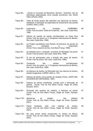Figura 88 -         Escola no município de Barcelona, Quindío - Colombia. Uso de                             86
                      bahareque argamassado como solução econômica. Arq. Simón
                      Vélez (VÉLEZ, 2002).

   Figura 89 -        Telas de tecido grosso são aplicados nas estruturas de bambu,                             87
                      facilitando. A aplicação da argamassa de revestimento dos painéis
                      (LÓPEZ, 2003, p.242).

   Figura 90 -        Logomarca            da          fundação        FUNBAMBU.                                88
                      Fonte: Foto da autora. Sede da Funbambu, San José, Costa Rica,
                      1998.

   Figura 91 -        Fábrica de painéis de bambu pré-fabricados na Costa Rica                                  89
                      (Fonte: Foto da Autora no V Congresso Internacional de Bambu,
                      San José, Costa Rica, 1998).

   Figura 92 -        (a) Projeto arquitetônico dos Painéis; (b) Estrutura de painéis de                        90
                      bambu               retangular            e            trapezoidal.
                      (Fonte: Foto e desenho da Arq. Ana Maria França, 1998).

   Figura 93 -        (a) Gabarito para a produção do painel; (b) Montagem do painel.                           91
                      (Fonte: Foto da autora, San José, Costa Rica, 1998).

   Figura 94 -        O uso de grampeador para a fixação das varas de bambu.                                    91
                      (Fonte: Foto da autora, San José, Costa Rica, 1998).

   Figura 95 -        Transporte          dos         painéis          pré-fabricados.                          92
                      (Fonte: Foto da autora, no V Congresso Internacional de Bambu,
                      San José, Costa Rica, 1998).

   Figura 96 -        (a) Abertura do bambu; (b) Remoção dos nós internos do bambu,                             95
                      sentido longitudinal. (LÓPEZ, 2003, p. 157).

   Figura 97 -        Esteiras de bambu como painéis de vedação (Fonte: JUNTA DEL                               95
                      ACUERDO DE CARTAGENA, 1987).

   Figura 98 -        Esteiras de bambu empilhadas, prontas para a fabricação de                                97
                      painéis. (Fonte: Foto de Ana Maria França. Hogar de Cristo,
                      Equador, 2001).

   Figura 99 -        Produção dos quadros de madeira, a estrutura do painel.                                   97
                      (Fonte: Foto de Ana Maria França. Hogar de Cristo, Equador,
                      2001).

   Figura 100 -       Aparam-se       as     arestas           das       esteiras.                              98
                      (Fonte: Foto de Ana Maria França. Hogar de Cristo, Equador,
                      2001).

   Figura 101 -       Painel   finalizado, feito  com    esteiras   de    bambu.                                98
                      (Fonte: Foto de Ana Maria França. Hogar de Cristo, Equador,
                      2001).

   Figura 102 -       Kit casa pronta sendo armazenado no interior da fábrica.                                  99
                      (Fonte: Foto de Ana Maria França. Hogar de Cristo, Equador,
                      2001).

PAINÉIS DE BAMBU PARA HABITAÇÕES ECONÔMICAS: Avaliação do Desempenho de Painéis Revestidos com Argamassa   xx
 