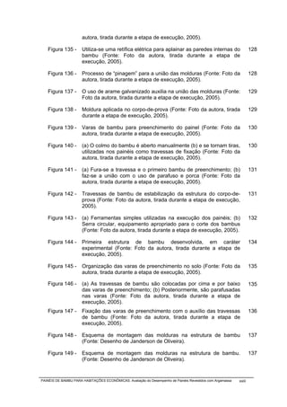 autora, tirada durante a etapa de execução, 2005).

   Figura 135 -       Utiliza-se uma retífica elétrica para aplainar as paredes internas do                        128
                      bambu (Fonte: Foto da autora, tirada durante a etapa de
                      execução, 2005).

   Figura 136 -       Processo de “pinagem” para a união das molduras (Fonte: Foto da                              128
                      autora, tirada durante a etapa de execução, 2005).

   Figura 137 -       O uso de arame galvanizado auxilia na união das molduras (Fonte:                             129
                      Foto da autora, tirada durante a etapa de execução, 2005).

   Figura 138 -       Moldura aplicada no corpo-de-prova (Fonte: Foto da autora, tirada                            129
                      durante a etapa de execução, 2005).

   Figura 139 -       Varas de bambu para preenchimento do painel (Fonte: Foto da                                  130
                      autora, tirada durante a etapa de execução, 2005).

   Figura 140 -       (a) O colmo do bambu é aberto manualmente (b) e se tornam tiras,                             130
                      utilizadas nos painéis como travessas de fixação (Fonte: Foto da
                      autora, tirada durante a etapa de execução, 2005).

   Figura 141 -       (a) Fura-se a travessa e o primeiro bambu de preenchimento; (b)                              131
                      faz-se a união com o uso de parafuso e porca (Fonte: Foto da
                      autora, tirada durante a etapa de execução, 2005).

   Figura 142 -       Travessas de bambu de estabilização da estrutura do corpo-de-                                131
                      prova (Fonte: Foto da autora, tirada durante a etapa de execução,
                      2005).

   Figura 143 -       (a) Ferramentas simples utilizadas na execução dos painéis; (b)                              132
                      Serra circular, equipamento apropriado para o corte dos bambus
                      (Fonte: Foto da autora, tirada durante a etapa de execução, 2005).

   Figura 144 -       Primeira estrutura de bambu desenvolvida, em caráter                                         134
                      experimental (Fonte: Foto da autora, tirada durante a etapa de
                      execução, 2005).

   Figura 145 -       Organização das varas de preenchimento no solo (Fonte: Foto da                               135
                      autora, tirada durante a etapa de execução, 2005).

   Figura 146 -       (a) As travessas de bambu são colocadas por cima e por baixo                                 135
                      das varas de preenchimento; (b) Posteriormente, são parafusadas
                      nas varas (Fonte: Foto da autora, tirada durante a etapa de
                      execução, 2005).
   Figura 147 -       Fixação das varas de preenchimento com o auxílio das travessas                               136
                      de bambu (Fonte: Foto da autora, tirada durante a etapa de
                      execução, 2005).

   Figura 148 -       Esquema de montagem das molduras na estrutura de bambu                                       137
                      (Fonte: Desenho de Janderson de Oliveira).

   Figura 149 -       Esquema de montagem das molduras na estrutura de bambu.                                      137
                      (Fonte: Desenho de Janderson de Oliveira).


PAINÉIS DE BAMBU PARA HABITAÇÕES ECONÔMICAS: Avaliação do Desempenho de Painéis Revestidos com Argamassa   xxiii
 