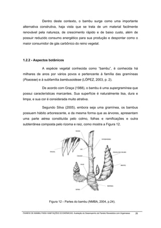 Dentro deste contexto, o bambu surge como uma importante
alternativa construtiva, haja vista que se trata de um material facilmente
renovável pela natureza, de crescimento rápido e de baixo custo, além de
possuir reduzido consumo energético para sua produção e despontar como o
maior consumidor de gás carbônico do reino vegetal.




1.2.2 - Aspectos botânicos

                  A espécie vegetal conhecida como “bambu”, é conhecida há
milhares de anos por vários povos e pertencente à família das gramíneas
(Poaceae) e à subfamília bambusoideae (LÓPEZ, 2003, p. 2).

                  De acordo com Graça (1988), o bambu é uma supergramínea que
possui características marcantes. Sua superfície é naturalmente lisa, dura e
limpa, e sua cor é considerada muito atrativa.

                  Segundo Silva (2005), embora seja uma gramínea, os bambus
possuem hábito arborescente, e da mesma forma que as árvores, apresentam
uma parte aérea constituída pelo colmo, folhas e ramificações e outra
subterrânea composta pelo rizoma e raiz, como mostra a Figura 12.




                         Figura 12 - Partes do bambu (NMBA, 2004, p.24).


PAINÉIS DE BAMBU PARA HABITAÇÕES ECONÔMICAS: Avaliação do Desempenho de Painéis Revestidos com Argamassa   26
 