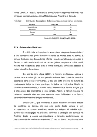Minas Gerais. A Tabela 2 apresenta a distribuição das espécies de bambu nos
principais biomas brasileiros como Mata Atlântica, Amazônia e Cerrado.

Tabela 2 -         Distribuição das espécies de bambus nos principais biomas brasileiros.

                         BIOMAS                            ESPÉCIES                       %
                      Mata Atlântica                           151                        65
                        Amazônia                                60                        26
                         Cerrado                                21                        9
                          Total                                232                       100

                                                (Fonte: FILGUEIRAS ;GONÇALVES. 2004).




1.2.4 - Referenciais históricos

              É notório falar sobre o bambu, essa planta tão presente no cotidiano
e tão conhecida pelo povo brasileiro e povos do mundo todo. O bambu é
sempre lembrado nas brincadeiras infantis - usado na fabricação de pipas e
flautas, no meio rural – em forma de cercas, gaiolas, arapucas e outros, e até
mesmo nas residências, onde toma a forma de móveis, luminárias, escadas e
outros utensílios domésticos.

              De acordo com López (2003), o homem pré-histórico utilizou o
bambu para a construção de sua primeira cabana, bem como de utensílios
essenciais para a sua sobrevivência. O seu uso está presente na cultura de
praticamente todos os povos primitivos, de todos os continentes. Desde os
primórdios da humanidade, o homem sentiu a necessidade de criar abrigos que
o protegesse das intempéries e dos perigos. Assim, o homem buscou na
natureza materiais diversos para construir suas habitações e o bambu
certamente entrou nesta relação de materiais.

              Ubidia (2001), que recorrendo a dados históricos descreve etapas
da existência do bambu, diz que este existe desde sempre e tem
acompanhado o homem americano desde sua origem. O referido autor,
durante sua investigação no Equador, confirmou a utilização dos bambus na
América desde a época pré-colombiana e também posteriormente ao
descobrimento do continente americano. “O uso do bambu impulsionou uma



PAINÉIS DE BAMBU PARA HABITAÇÕES ECONÔMICAS: Avaliação do Desempenho de Painéis Revestidos com Argamassa   32
 