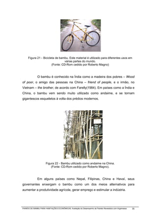 Figura 21 - Bicicleta de bambu. Este material é utilizado para diferentes usos em
                                 várias partes do mundo.
                        (Fonte: CD-Rom cedido por Roberto Magno)



              O bambu é conhecido na Índia como a madeira dos pobres – Wood
of poor, o amigo das pessoas na China – friend of people, e o irmão, no
Vietnam – the brother, de acordo com Farelly(1984). Em países como a Índia e
China, o bambu vem sendo muito utilizado como andaime, e se tornam
gigantescos esqueletos à volta dos prédios modernos.




                       Figura 22 - Bambu utilizado como andaime na China.
                           (Fonte: CD-Rom cedido por Roberto Magno).



              Em alguns países como Nepal, Filipinas, China e Havaí, seus
governantes enxergam o bambu como um dos meios alternativos para
aumentar a produtividade agrícola, gerar emprego e estimular a indústria.




PAINÉIS DE BAMBU PARA HABITAÇÕES ECONÔMICAS: Avaliação do Desempenho de Painéis Revestidos com Argamassa   35
 