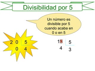 Un número es divisible por 5 cuando acaba en 0 o en 5 2 0 5 4 0 19 5 3 4 X Divisibilidad por 5 