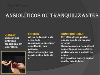 Tipos de DrogasAnsiolíticos ou tranquilizantesEFEITOS:Alívio da tensão e da ansiedade, relaxamento muscular, sonolência, fala pastosa, descoordenação dos movimentos, falta de ar.CONSEQUÊNCIAS:Em altas doses podem causar queda da pressão arterial. Quando usadas com álcool, aumentam os seus efeitos, podendo levar a estado de coma. Em grávidas podem causar mal formação fetal. ORIGEM:Substâncias sintéticasproduzidas em laboratório. 