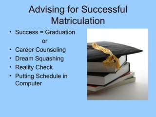 Advising for Successful Matriculation Success = Graduation or  Career Counseling Dream Squashing Reality Check Putting Schedule in Computer 