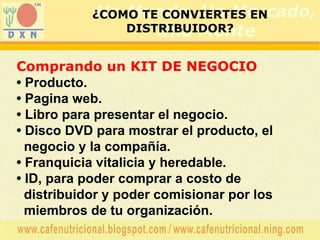 Comprando un  KIT DE NEGOCIO •  Producto. •  Pagina web .   •  Libro para presentar el negocio . •  Disco DVD para mostrar el producto, el negocio y la compañía . •  Franquicia vitalicia y heredable . •  ID, para poder comprar a costo de distribuidor y poder comisionar por los miembros de tu organización.   ¿COMO  T E CONVIERT ES  EN   DISTRIBUIDOR? 