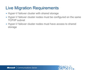 Live Migration Requirements
∙ Hyper-V failover cluster with shared storage
∙ Hyper-V failover cluster nodes must be configured on the same
  TCP/IP subnet
∙ Hyper-V failover cluster nodes must have access to shared
  storage
 