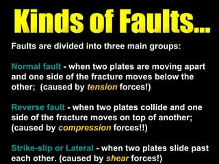 Faults are divided into three main groups:  Normal fault   - when two plates are moving apart and one side of the fracture moves below the other;  (caused by  tension  forces!) Reverse fault   - when two plates collide and one side of the fracture moves on top of another; (caused by  compression  forces!!) Strike-slip or Lateral   - when two plates slide past each other. (caused by  shear  forces!) Kinds of Faults... 