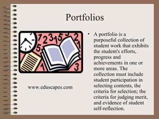 Portfolios A portfolio is a purposeful collection of student work that exhibits the student's efforts, progress and achievements in one or more areas. The collection must include student participation in selecting contents, the criteria for selection; the criteria for judging merit, and evidence of student self-reflection.  www.eduscapes.com 