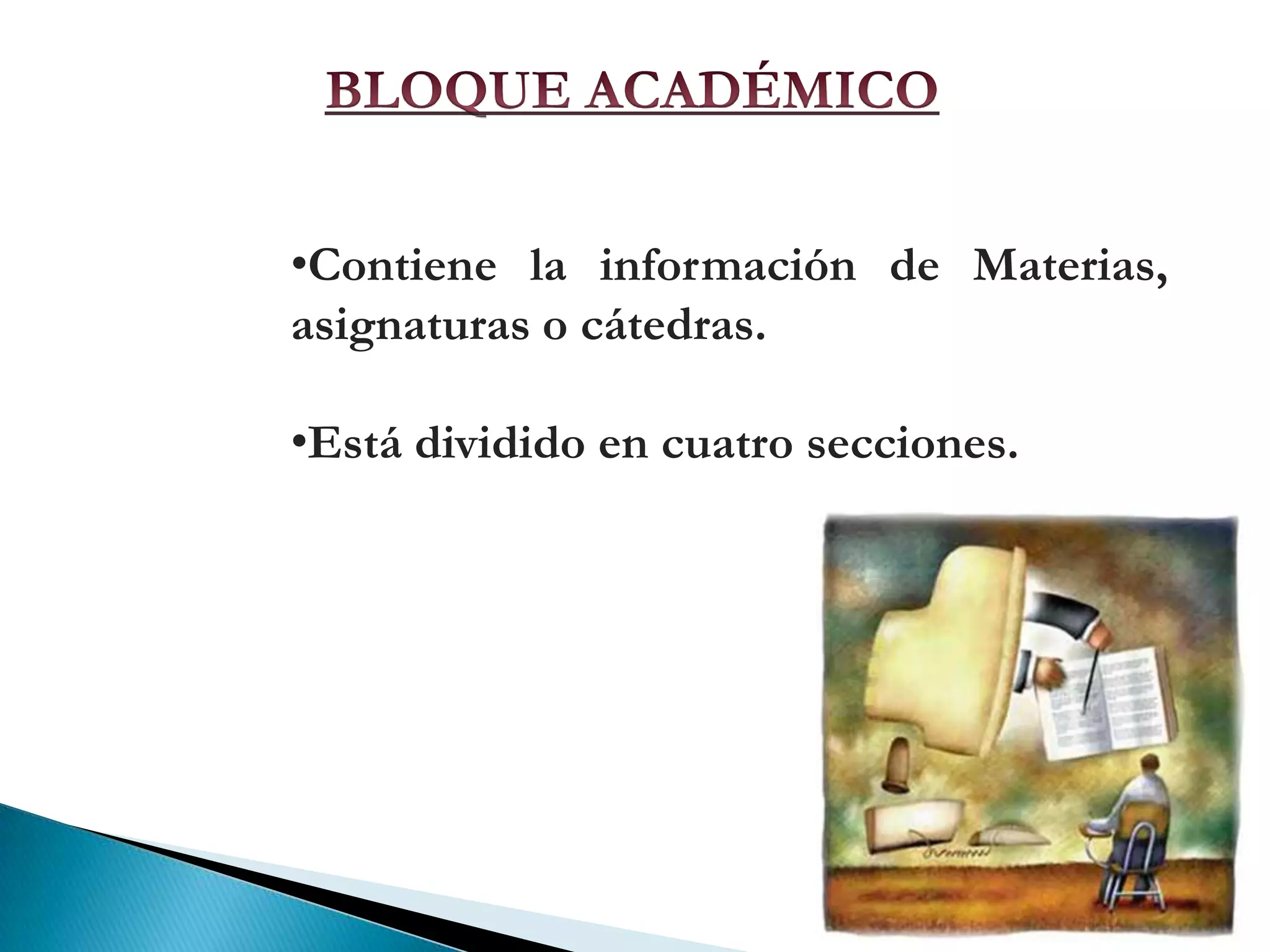 BLOQUE ACADÉMICOContiene la información de Materias, asignaturas o cátedras.