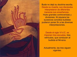 Buda no dejó su doctrina escrita.
Desde su muerte, sus discípulos
interpretaron de diferentes
maneras sus enseñanzas.
Hubo grandes controversias y
divisiones. Ni siquiera los
sucesivos concilios budistas
pudieron poner fin a las diversas
interpretaciones.
Desde el siglo VI d.C. se
imponen tres escuelas, tres
vehículos, que conducen al
budista al Nirvana.
Actualmente, las tres siguen
vigentes.
 
