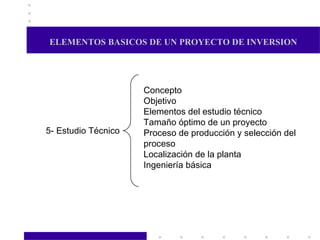 ELEMENTOS BASICOS DE UN PROYECTO DE INVERSION Concepto Objetivo Elementos del estudio técnico Tamaño óptimo de un proyecto Proceso de producción y selección del proceso Localización de la planta Ingeniería básica 5- Estudio Técnico 