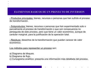 ELEMENTOS BASICOS DE UN PROYECTO DE INVERSION - Productos principales:  bienes, recursos o personas que han sufrido el proceso de transformación. - Subproductos:  bienes, recursos o personas que han experimentado solo o parcialmente el proceso de transformación o que son consecuencia no perseguida de este proceso, pero que tiene un valor económico, aunque de carácter marginal, para la justificación de la operación total. - Residuos:  desechos de la transformación que pueden carecer de valor económico. Los métodos para representar un proceso  son: a) Diagrama de bloques. b) Diagrama de flujo. c) Cursograma analítico: presenta una información más detallada del proceso, 