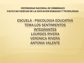 UNIVERSIDAD NACIONAL DE CHIMBIRAZO FACULTAD CIENCIAS DE LA EDUCACION HUMANAS Y TECNOLOGIAS ESCUELA : PSICOLOGIA EDUCATIVATEMA:LOS SENTIMIENTOSINTEGRANTESLOURDES RIVERA VERONICA RIVERAANTONIA VALENTE 