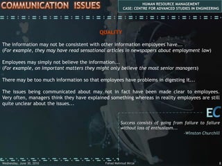 COMMUNICATION  ASPECTSHUMAN RESOURCE MANAGEMENTCASE: CENTRE FOR ADVANCED STUDIES IN ENGINEERINGDownward Communication- Workforce briefings for all or part of the workforce on key issues