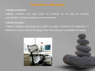 Conceitos e diferenças Trabalho à Distância   Trabalho realizado num lugar longe do escritório ou da sede da empresa (por exemplo: na própria moradia ou noutro escritório). Trabalho em Casa Trabalho realizado exclusivamente a partir da própria residência do trabalhador. O trabalhador pode ou não, ter um espaço físico reservado para a realização do trabalho.  