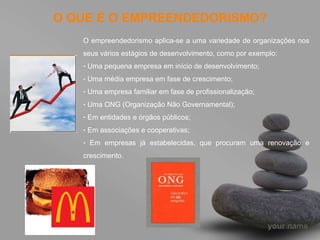 O QUE É O EMPREENDEDORISMO? O empreendedorismo aplica-se a uma variedade de organizações nos seus vários estágios de desenvolvimento, como por exemplo: Uma pequena empresa em início de desenvolvimento; Uma média empresa em fase de crescimento; Uma empresa familiar em fase de profissionalização; Uma ONG (Organização Não Governamental); Em entidades e órgãos públicos; Em associações e cooperativas; Em empresas já estabelecidas, que procuram uma renovação e crescimento. 