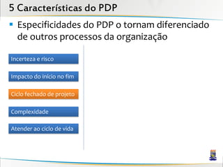 5 Características do PDP
 Especificidades do PDP o tornam diferenciado
  de outros processos da organização

Incerteza e risco

Impacto do início no fim

Ciclo fechado de projeto

Complexidade

Atender ao ciclo de vida
 