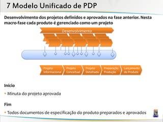 7 Modelo Unificado de PDP
Desenvolvimento dos projetos definidos e aprovados na fase anterior. Nesta
macro-fase cada produto é gerenciado como um projeto
                                   Desenvolvimento




                   Projeto           Projeto      Projeto     Preparação   Lançamento
                   Informacional     Conceitual   Detalhado   Produção     do Produto



Início
 Minuta do projeto aprovada

Fim
 Todos documentos de especificação do produto preparados e aprovados
 
