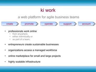 ki work ,[object Object],[object Object],[object Object],[object Object],[object Object],[object Object],[object Object],[object Object],a web platform for agile business teams create promote operate support account 