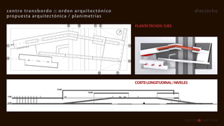 centro	transb ordo 	::	orden 	 arquitec tónico                                               dieciocho
propuesta arquitec tónica / planimetr ías
                              A   B           C   E           PLANTA	TECHOS	/	EJES



1                                                         2




3
                                                          4




                                                  D   F



                                                              CORTE	LONGITUDINAL	/	NIVELES
                      13.00
                                      10.00
5.00

0.00
 