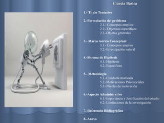   Ciencia Básica 1.- Titulo Tentativo 2.-Formulación del problema 2.1.- Conceptos amplios 2.2.- Objetivos específicos 2.3.-Objetos generales 3.- Marco teórico Conceptual 3.1.- Conceptos amplios 3.2.-Investigación natural 4.-Sistema de Hipótesis 4.1.-Hipótesis 4.2.-Especificas 5.- Metodología 5.1.-Conducta motivada 5.2.-Motivaciones Psicosociales 5.3.-Niveles de motivación 6.-Aspecto Administrativo 6.1.-Importancia y Justificación del estudio 6.2.-Limitaciones de la investigación 7.-Referencia Bibliográfica 8.-Anexo 