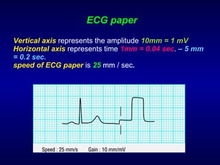 ECG paper Vertical axis   represents the amplitude  10mm = 1 mV Horizontal axis   represents time  1mm = 0.04 sec . –  5 mm = 0.2 sec. speed of ECG paper   is  25  mm / sec .   