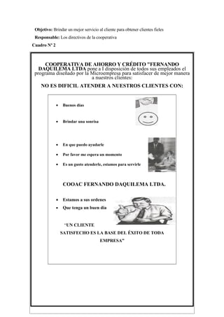 Objetivo: Brindar un mejor servicio al cliente para obtener clientes fieles
 Responsable: Los directivos de la cooperativa
Cuadro Nº 2



      COOPERATIVA DE AHORRO Y CRÉDITO "FERNANDO
   DAQUILEMA LTDA pone a I disposición de todos sus empleados el
 programa diseñado por la Microempresa para satisfacer de mejor manera
                          a nuestros clientes:
    NO ES DIFICIL ATENDER A NUESTROS CLIENTES CON:


              •   Buenos días


              •   Brindar una sonrisa




              •   En que puedo ayudarle

              •   Por favor me espera un momento

              •   Es un gusto atenderle, estamos para servirle



                  COOAC FERNANDO DAQUILEMA LTDA.

              •   Estamos a sus ordenes
              •   Que tenga un buen dia


                   “UN CLIENTE
                  SATISFECHO ES LA BASE DEL ÉXITO DE TODA
                                        EMPRESA”
 