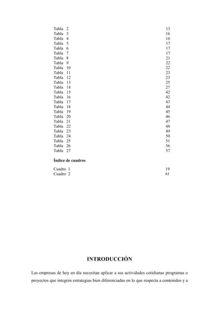 Tabla   2                                                       13
            Tabla   3                                                       16
            Tabla   4                                                       16
            Tabla   5                                                       17
            Tabla   6                                                       17
            Tabla   7                                                       17
            Tabla   8                                                       21
            Tabla   9                                                       22
            Tabla   10                                                      22
            Tabla   11                                                      23
            Tabla   12                                                      23
            Tabla   13                                                      25
            Tabla   14                                                      27
            Tabla   15                                                      42
            Tabla   16                                                      42
            Tabla   17                                                      43
            Tabla   18                                                      44
            Tabla   19                                                      45
            Tabla   20                                                      46
            Tabla   21                                                      47
            Tabla   22                                                      48
            Tabla   23                                                      49
            Tabla   24                                                      50
            Tabla   25                                                      51
            Tabla   26                                                      56
            Tabla   27                                                      57

            Índice de cuadros

            Cuadro 1                                                        19
            Cuadro 2                                                        61




                                INTRODUCCIÓN

Las empresas de hoy en día necesitan aplicar a sus actividades cotidianas programas o
proyectos que integren estrategias bien diferenciadas en lo que respecta a contenidos y a
 