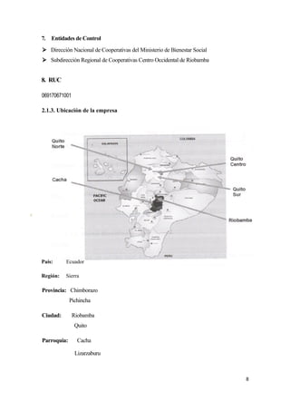 7.   Entidades de Control
 Dirección Nacional de Cooperativas del Ministerio de Bienestar Social
 Subdirección Regional de Cooperativas Centro Occidental de Riobamba


8. RUC

069170671001

2.1.3. Ubicación de la empresa




País:     Ecuador

Región:   Sierra

Provincia: Chimborazo
             Pichincha

Ciudad:        Riobamba
               Quito

Parroquia:       Cacha

                Lizarzaburu



                                                                          8
 
