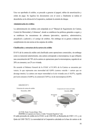 Una vez aprobado el crédito, se procede a generar el pagaré, tablas de amortización y
orden de pago. Se legaliza los documentos con el socio y finalmente se realiza el
desembolso en la oficina de la Cooperativa, mediante la emisión de cheque.

Administración de créditos

La administración de créditos está estipulada en el "Manual de Seguimiento de Cartera,
Control de Morosidad y Cobranzas", donde se establecen las políticas generales a seguir, y
se establecen los mecanismos de cobranza (preventiva, operativa, administrativa,
prejudicial y judicial) y el castigo de créditos. Sin embargo no se genera evidencia de
cumplimiento de esta norma en las carpetas de crédito.

Clasificación y estructura de la cartera de crédito

El 61% de la cartera de crédito está clasificada como operaciones comerciales, sin embargo
como se mencionó anteriormente, esta cartera corresponde a microempresa, lo que reflejaría
una concentración del 78% de la cartera en operaciones para la microempresa, seguida de un
20% en consumo y un 2% en vivienda.

De acuerdo al Balance General de la COAC el 91,96% de la Cartera se encuentra por
vencer, lo que representa una morosidad del 8,04% (cartera vencida + cartera que no
devenga interés). La cartera con mayor morosidad es la de vivienda con el 18,97%, seguida
por la de consumo (16,08%), la comercial (7,05%) y la de microempresa (0,50%



       GRAFICO Nº 1

    Estructura de cartera de crédito                              Composición de Cartera de Crédito
           Diciembre, 2008                                                     Diciembre, 2008




       AUTOR: Pedro Vicente Khipo Pilco
       FUENTE: la Cooperativa de Ahorro y Crédito “Fernando Daquilema” Ltda.
El saldo promedio de crédito de la COAC es de USD 969, en Riobamba de USD 1.111, y en
Quito de USD 720,72. La morosidad de la Cooperativa calculada en la base de cartera es de

                                                                                                      16
 