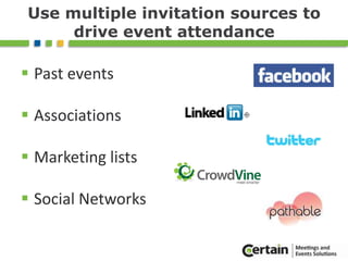 AgendaConfiguring an event databaseEvent marketingOnline registrationAccepting credit cardsHousing and travelBudgetsChoosing the best locationReports and Integration