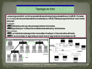La topología de árbol combina características de la topología de estrella con la BUS. Consiste en un conjunto de subredes estrella conectadas a un BUS. Esta topología facilita el crecimiento de la red. Ventajas  ·        Cableado punto a punto para segmentos individuales. ·        Soportado por multitud de vendedores de software y de hardware. Desventajas  ·        La medida de cada segmento viene determinada por el tipo de cable utilizado. ·        Si se viene abajo el segmento principal todo el segmento se viene abajo con  él. Franklin Sevilla Sección " B " Topologías de Red 