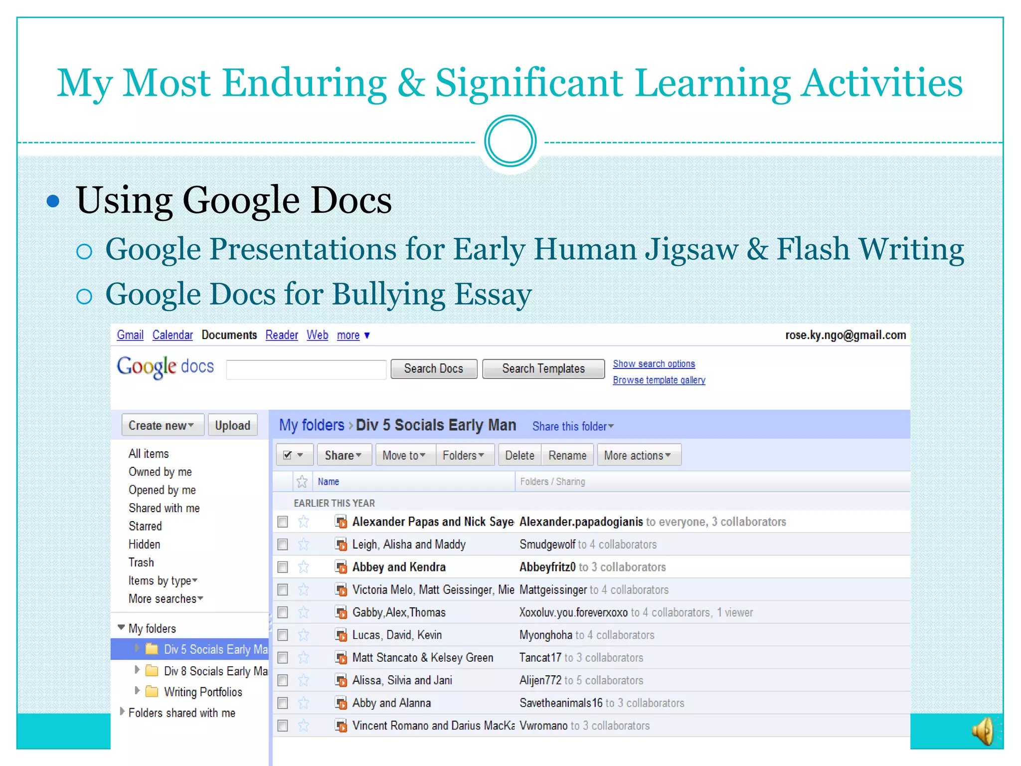 My Most Enduring & Significant Learning ActivitiesUsing Google DocsGoogle Presentations for Early Human Jigsaw & Flash WritingGoogle Docs for Bullying Essay