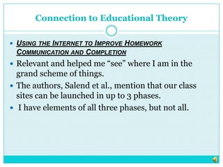 Connection to Educational TheoryUsing the Internet to Improve Homework Communication and CompletionRelevant and helped me “see” where I am in the grand scheme of things.  The authors, Salend et al., mention that our class sites can be launched in up to 3 phases. I have elements of all three phases, but not all.  