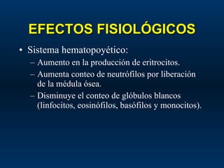 EFECTOS FISIOLÓGICOS Sistema hematopoyético: Aumento en la producción de eritrocitos. Aumenta conteo de neutrófilos por liberación de la médula ósea. Disminuye el conteo de glóbulos blancos (linfocitos, eosinófilos, basófilos y monocitos). 