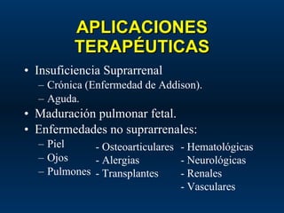 APLICACIONES TERAPÉUTICAS Insuficiencia Suprarrenal Crónica (Enfermedad de Addison). Aguda. Maduración pulmonar fetal. Enfermedades no suprarrenales: Piel Ojos Pulmones - Osteoarticulares - Alergias - Transplantes - Hematológicas - Neurológicas - Renales - Vasculares 