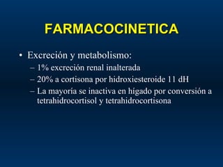 FARMACOCINETICA Excreción y metabolismo: 1% excreción renal inalterada 20% a cortisona por hidroxiesteroide 11 dH La mayoría se inactiva en hígado por conversión a tetrahidrocortisol y tetrahidrocortisona 