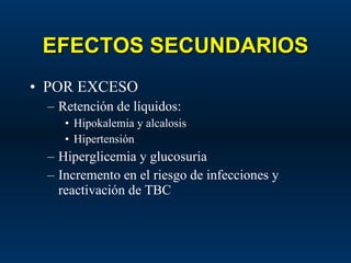 EFECTOS SECUNDARIOS POR EXCESO Retención de líquidos: Hipokalemia y alcalosis Hipertensión Hiperglicemia y glucosuria Incremento en el riesgo de infecciones y reactivación de TBC 